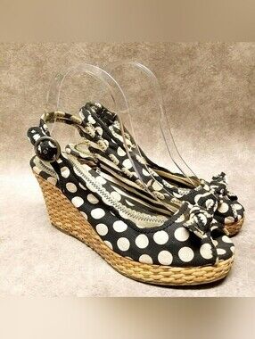 BONGO Black & White Polka Dot Slingback Wedge Sandals